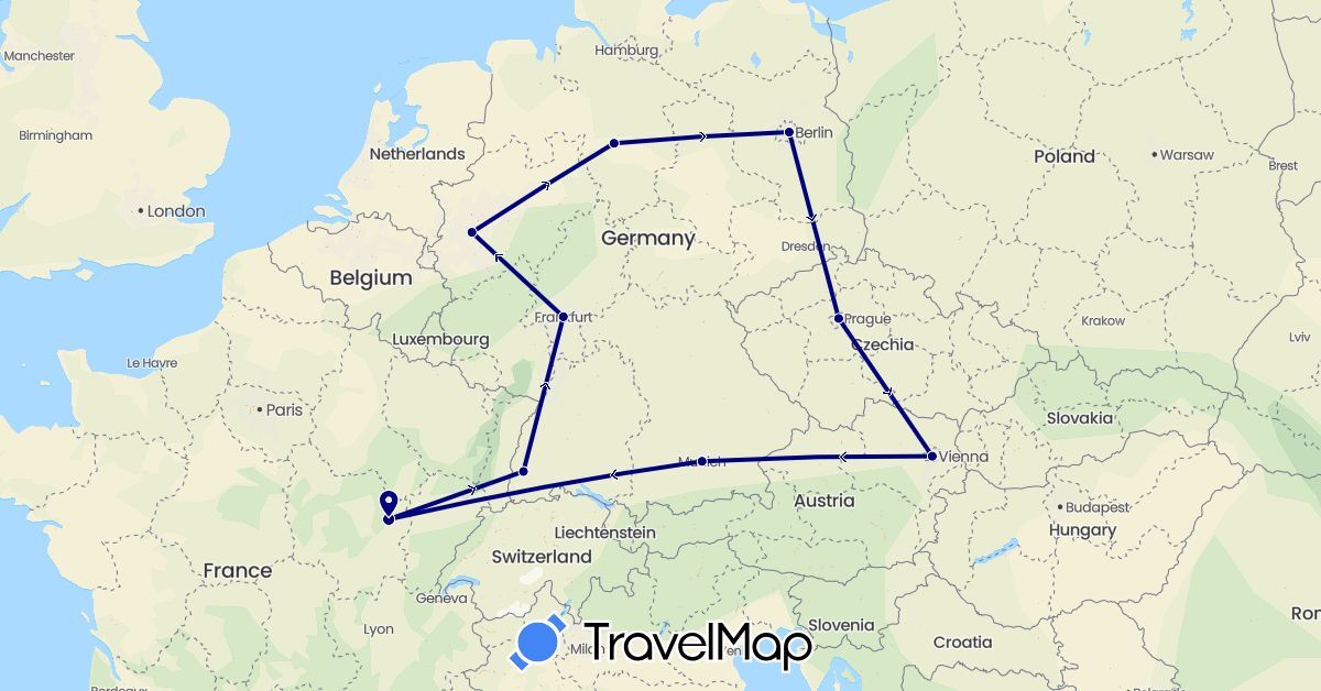 TravelMap itinerary: driving in Austria, Czech Republic, Germany, France (Europe)